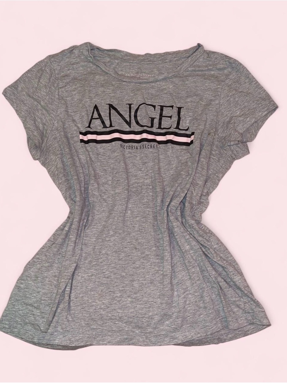 Victoria's Secret Gray 'Angel' Graphic Short Sleeve Tee with Pink & Black Stripe